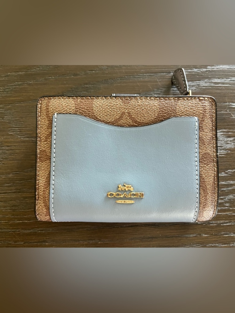 Coach Light Blue Leather & Signature Canvas Card Wallet with Gold Logo